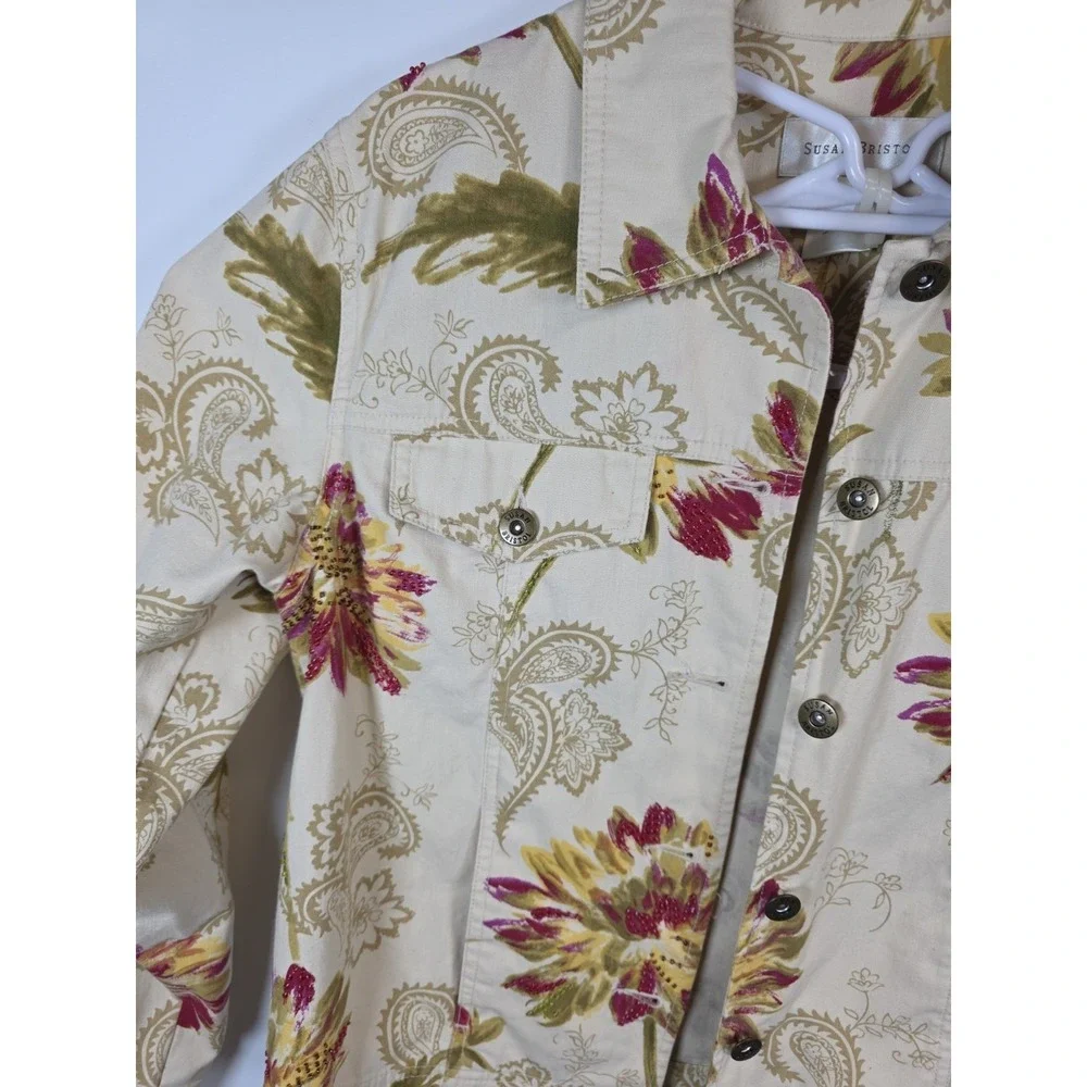 Susan Bristol Women M Vintage Beige Floral Cotton Jacket Cottagecore Grandmacore